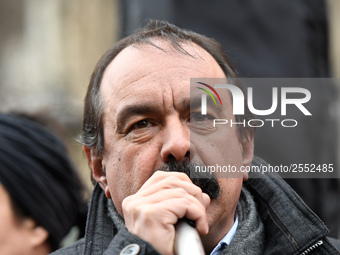 French workers' union General Confederation of Labour (CGT) Secretary-General Philippe Martinez speaks during a dimostration  to support the...