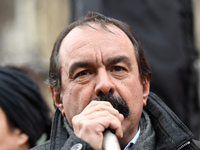 French workers' union General Confederation of Labour (CGT) Secretary-General Philippe Martinez speaks during a dimostration  to support the...