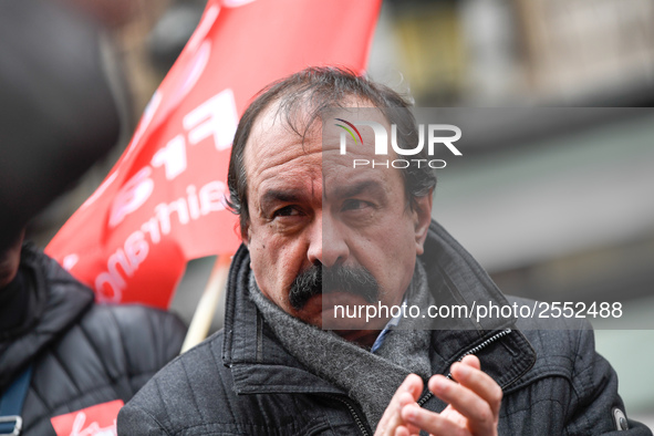 French workers' union General Confederation of Labour (CGT) Secretary-General Philippe Martinez speaks during a dimostration  to support the...