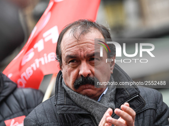 French workers' union General Confederation of Labour (CGT) Secretary-General Philippe Martinez speaks during a dimostration  to support the...