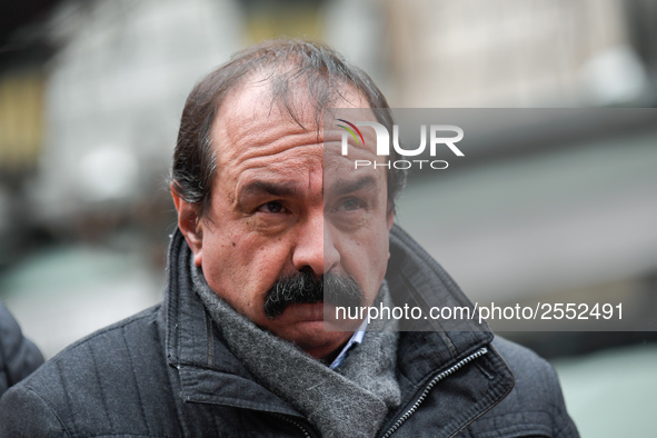 French workers' union General Confederation of Labour (CGT) Secretary-General Philippe Martinez speaks during a dimostration  to support the...