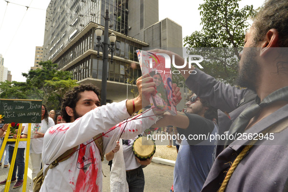 Municipal teachers protest in the city hall of Sao Paulo, Brazil, on 16 March 2018 against a bill that increases the social security discoun...