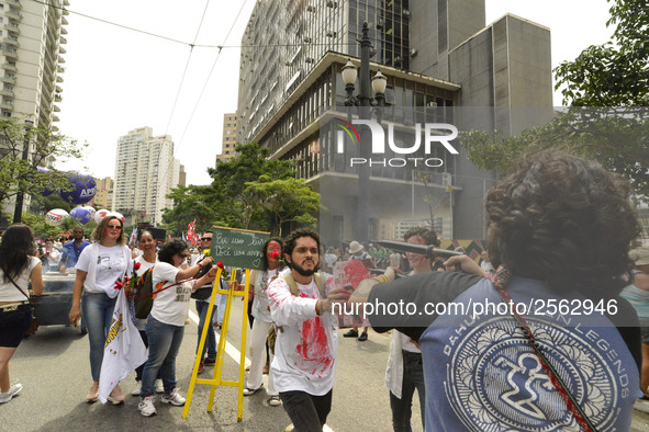 Municipal teachers protest in the city hall of Sao Paulo, Brazil, on 16 March 2018 against a bill that increases the social security discoun...