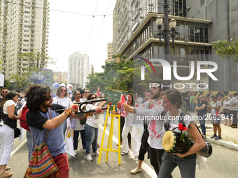 Municipal teachers protest in the city hall of Sao Paulo, Brazil, on 16 March 2018 against a bill that increases the social security discoun...