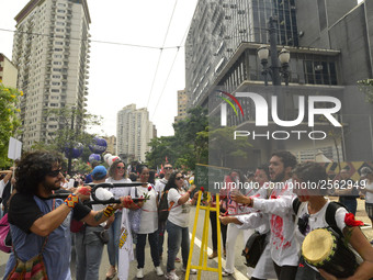 Municipal teachers protest in the city hall of Sao Paulo, Brazil, on 16 March 2018 against a bill that increases the social security discoun...