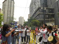 Municipal teachers protest in the city hall of Sao Paulo, Brazil, on 16 March 2018 against a bill that increases the social security discoun...