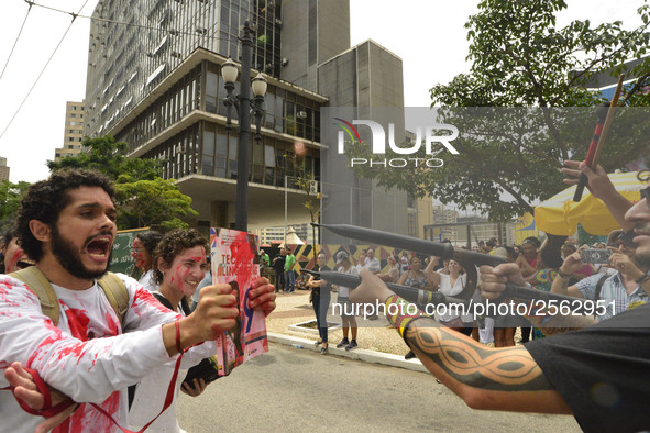 Municipal teachers protest in the city hall of Sao Paulo, Brazil, on 16 March 2018 against a bill that increases the social security discoun...