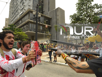 Municipal teachers protest in the city hall of Sao Paulo, Brazil, on 16 March 2018 against a bill that increases the social security discoun...