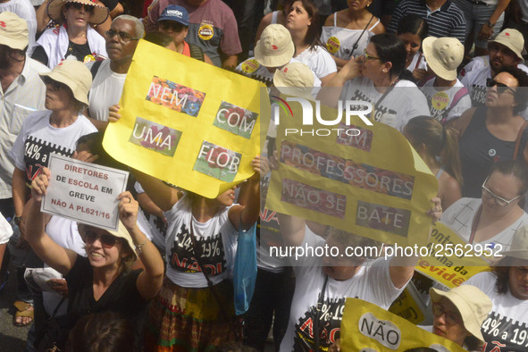 Municipal teachers protest in the city hall of Sao Paulo, Brazil, on 16 March 2018 against a bill that increases the social security discoun...