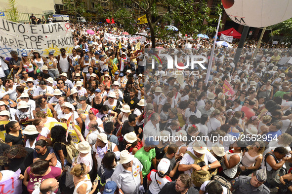 Municipal teachers protest in the city hall of Sao Paulo, Brazil, on 16 March 2018 against a bill that increases the social security discoun...