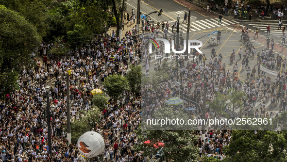 Municipal teachers protest in the city hall of Sao Paulo, Brazil, on 16 March 2018 against a bill that increases the social security discoun...