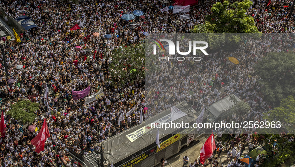 Municipal teachers protest in the city hall of Sao Paulo, Brazil, on 16 March 2018 against a bill that increases the social security discoun...