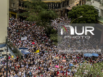 Municipal teachers protest in the city hall of Sao Paulo, Brazil, on 16 March 2018 against a bill that increases the social security discoun...