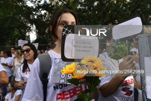 Municipal teachers protest in the city hall of Sao Paulo, Brazil, on 16 March 2018 against a bill that increases the social security discoun...