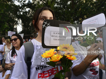 Municipal teachers protest in the city hall of Sao Paulo, Brazil, on 16 March 2018 against a bill that increases the social security discoun...