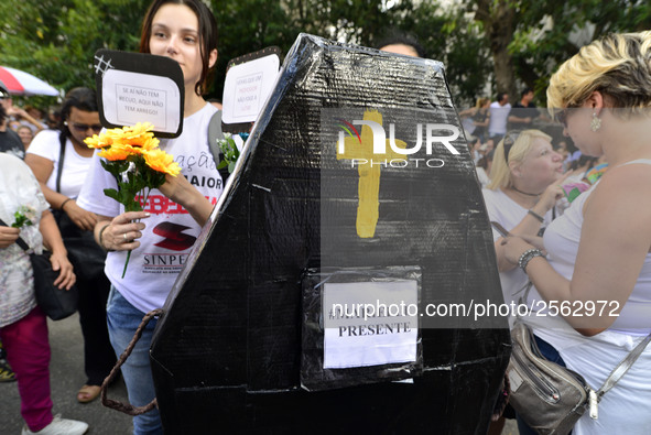 Municipal teachers protest in the city hall of Sao Paulo, Brazil, on 16 March 2018 against a bill that increases the social security discoun...