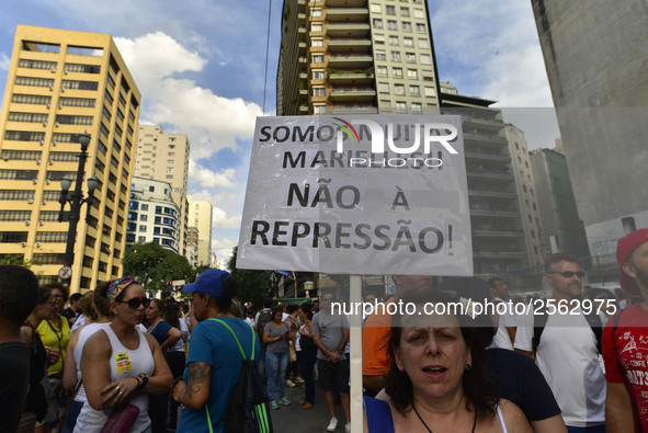 Municipal teachers protest in the city hall of Sao Paulo, Brazil, on 16 March 2018 against a bill that increases the social security discoun...