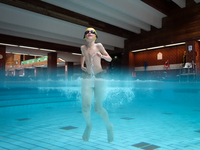 London, Robin at eight years old during his swimming lesson decided to spent time having fun in the water. (