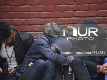 Nepalese Youths sleeping in a line in the early morning to pay the amount for the application submission for the Korean Language Test (KLT)...