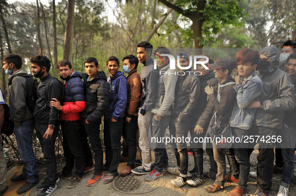 Nepalese Youths line up to pay the amount for the application submission for the Korean Language Test (KLT) under the Korea Employment Permi...