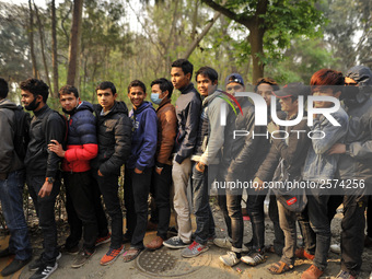 Nepalese Youths line up to pay the amount for the application submission for the Korean Language Test (KLT) under the Korea Employment Permi...