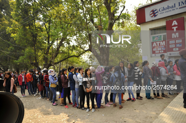 Nepalese Youths line up to pay the amount for the application submission for the Korean Language Test (KLT) under the Korea Employment Permi...