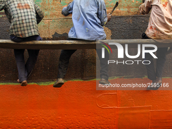 Workers are working in a ship-building yard in Dhaka, Bangladesh on 4 April 2018. In Bangladesh ship-building industry is very promising. (