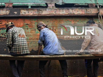 Workers are working in a ship-building yard in Dhaka, Bangladesh on 4 April 2018. In Bangladesh ship-building industry is very promising. (