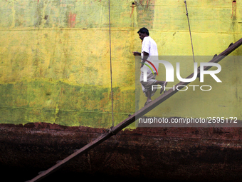 Workers are working in a ship-building yard in Dhaka, Bangladesh on 4 April 2018. In Bangladesh ship-building industry is very promising. (