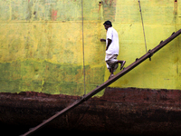 Workers are working in a ship-building yard in Dhaka, Bangladesh on 4 April 2018. In Bangladesh ship-building industry is very promising. (