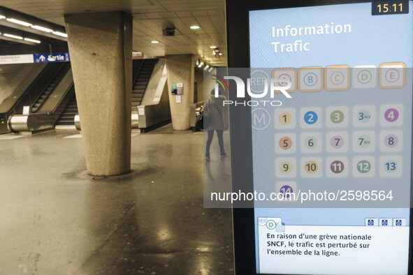 In Paris subway, signs and billboard announcing the strike of the day. Trade unions decided to launch a 1 month long movement to protest the...