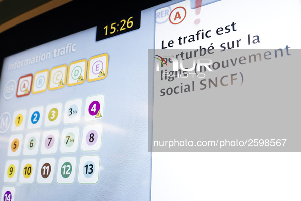 In Paris subway, signs and billboard announcing the strike of the day. Trade unions decided to launch a 1 month long movement to protest the...