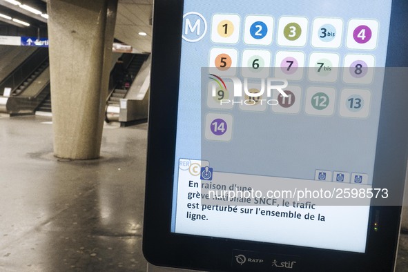 In Paris subway, signs and billboard announcing the strike of the day. Trade unions decided to launch a 1 month long movement to protest the...