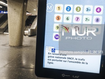 In Paris subway, signs and billboard announcing the strike of the day. Trade unions decided to launch a 1 month long movement to protest the...