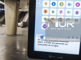 In Paris subway, signs and billboard announcing the strike of the day. Trade unions decided to launch a 1 month long movement to protest the...