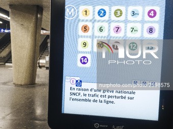 In Paris subway, signs and billboard announcing the strike of the day. Trade unions decided to launch a 1 month long movement to protest the...