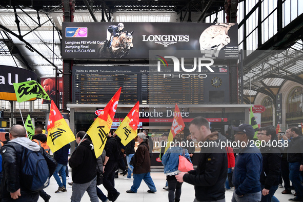 The Railway Unions gathered for an Genarla Asembly and a quick demonstration in Gare de Lyon, Paris on 09 April 2018 against the reform of t...