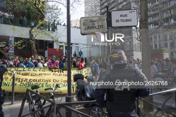 Students demonstrate in front of the Paris University Censier campus on April 20, 2018 in Paris. Students began occupying campuses in March...