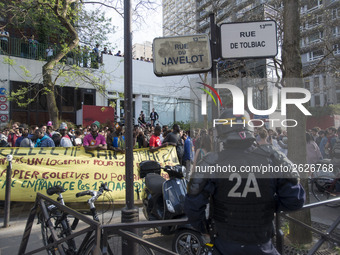 Students demonstrate in front of the Paris University Censier campus on April 20, 2018 in Paris. Students began occupying campuses in March...