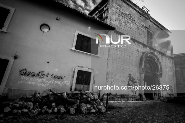 Square in L'Aquila, on January 11, 2014, severly damaged after the earthquake of April 6, 2009. 