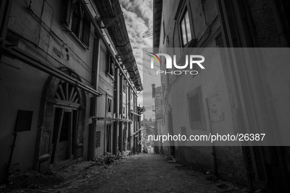 A street in the historic center of L'Aquila, severely damaged after the earthquake of April 6, 2009. 