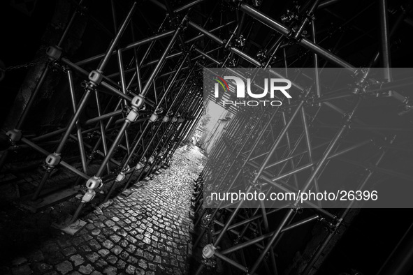 Scaffolding in the historic center of L'Aquila City, on January 11, 2014. 