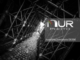 Scaffolding in the historic center of L'Aquila City, on January 11, 2014. (