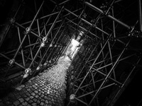 Scaffolding in the historic center of L'Aquila City, on January 11, 2014. (