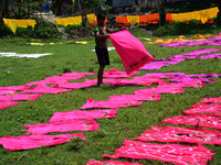 Bangladeshi labors working in the Batik Cloth industry at Narsingdi area near Dhaka, Bangladesh, on April 26, 2018. Each Worker earns par da...