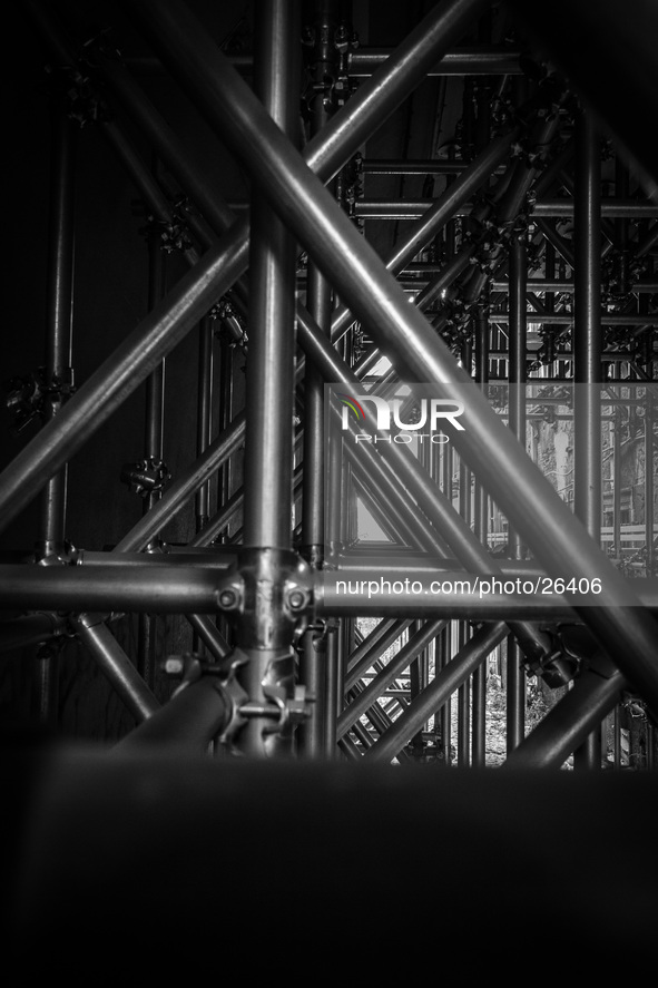 Scaffolding in the historic center of L'Aquila City, on January 11, 2014. 