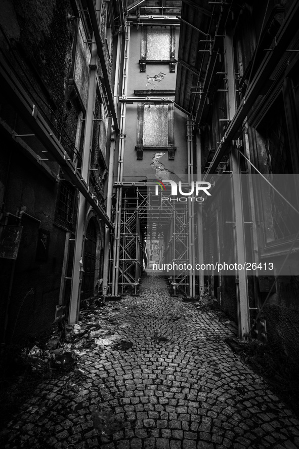 A street in the historic center of L'Aquila, severely damaged after the earthquake of April 6, 2009. 