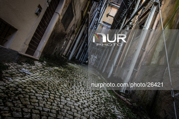 A street in the historic center of L'Aquila, severely damaged after the earthquake of April 6, 2009. 