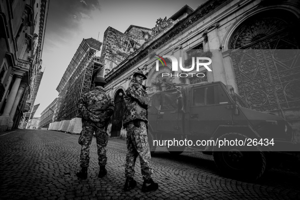 Soldiers guarding the historic center of L'Aquila City, on January 11, 2014. 