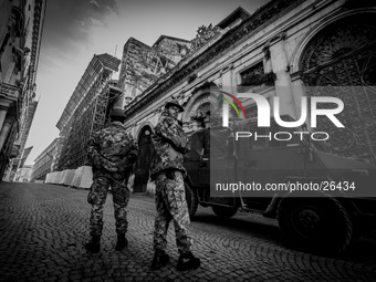 Soldiers guarding the historic center of L'Aquila City, on January 11, 2014. (